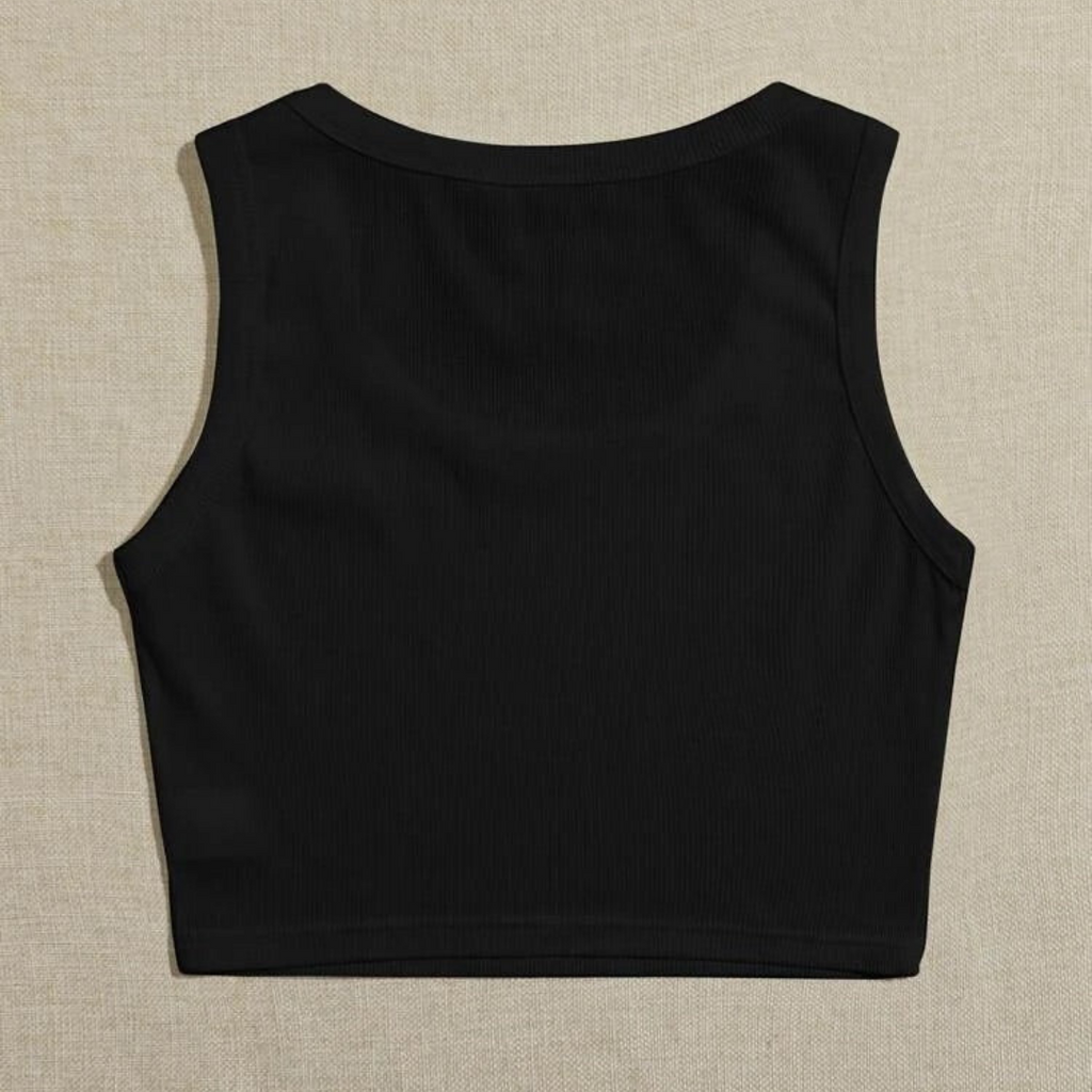 Solid Black Scoop Neck Rib Fitted Tank Top